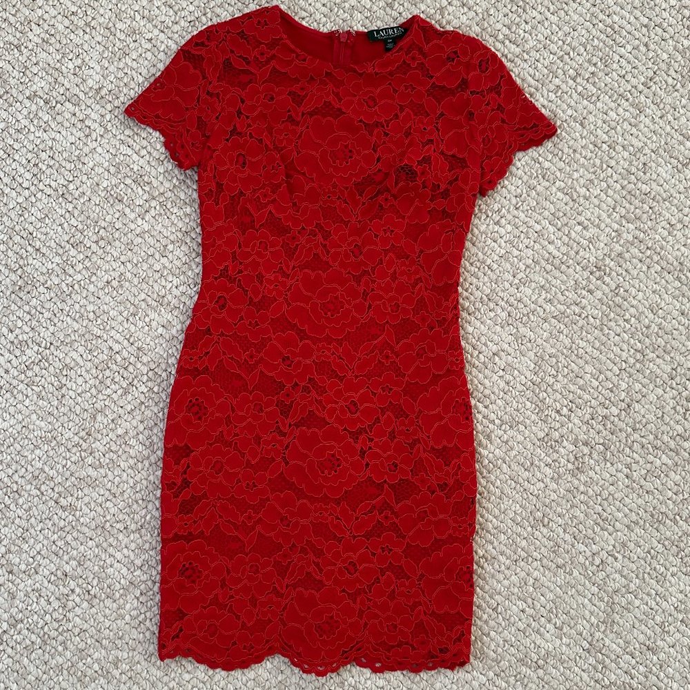 Lauren Ralph Lauren Red Lace Sheath Dress Size 0 Petite